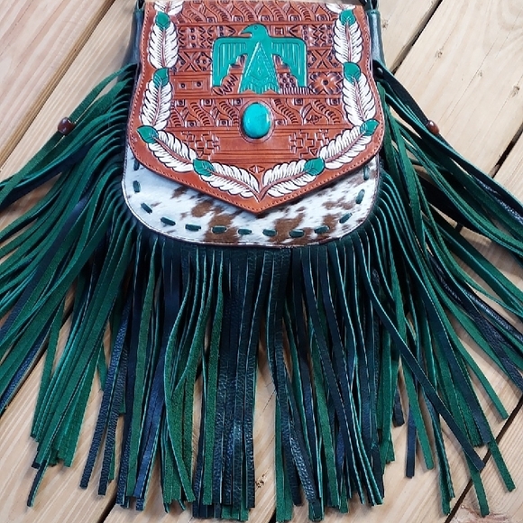 Hand Crafted Brown and Green Fringed Crossbody Bag - Picture 1 of 9